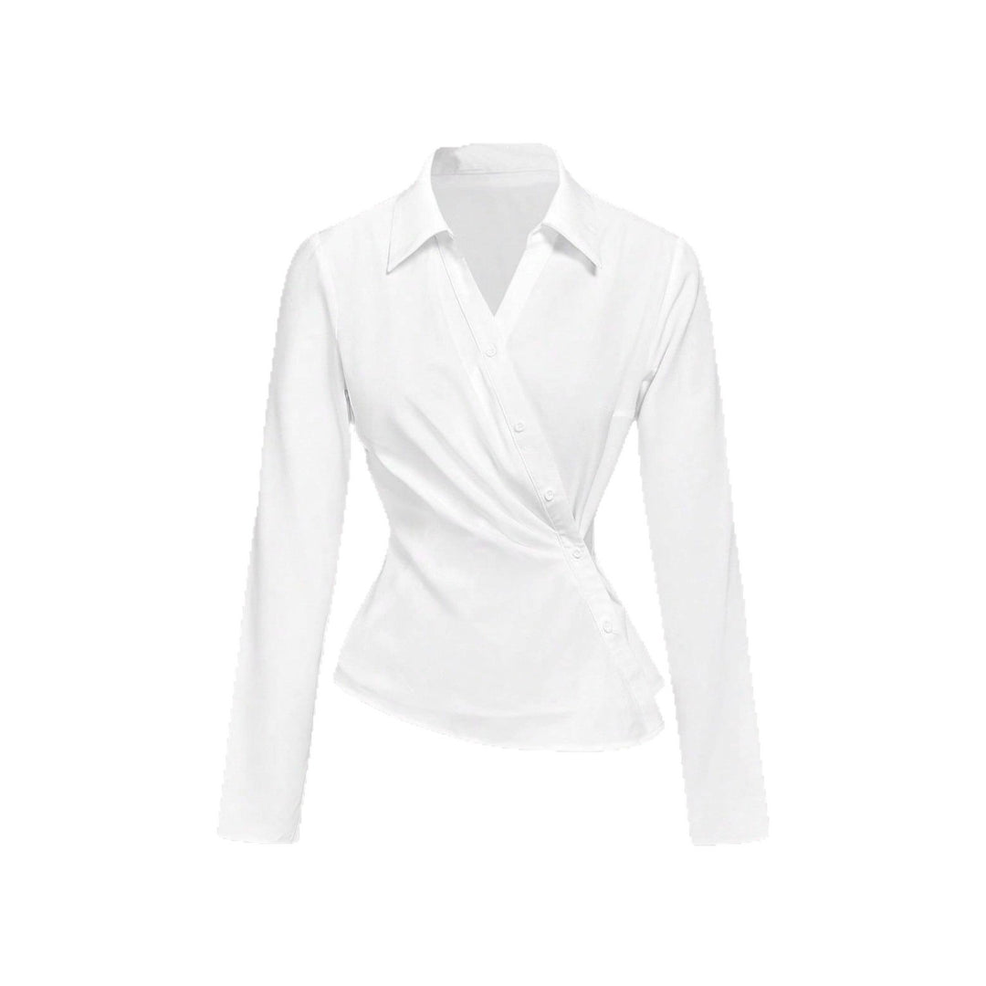 Women's wrap blouse with tailored draping and asymmetrical button placket Mune Fashion