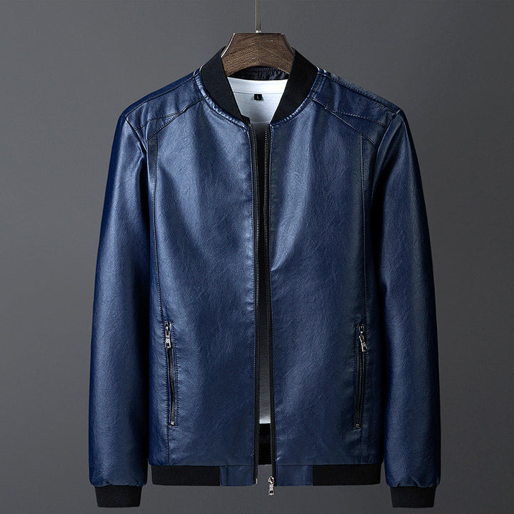 Men's smooth leather look bomber jacket with stand-up collar, zippered pockets, and elastic cuffs Mune Fashion