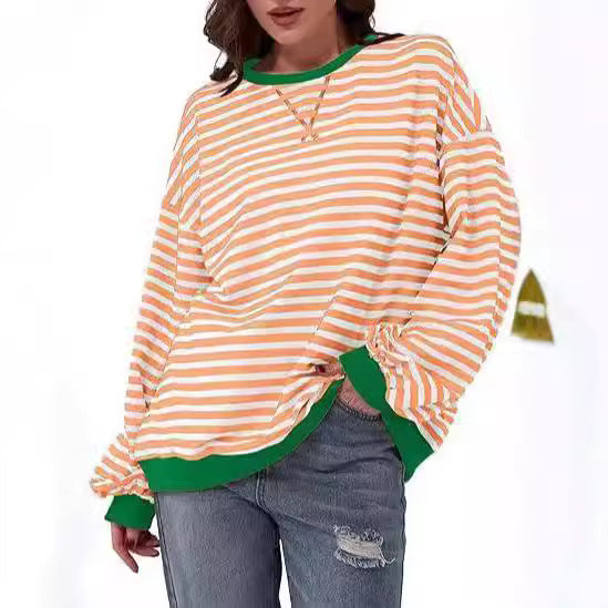 Women Striped Oversized Sweater with Contrast Cuffs Mune Fashion