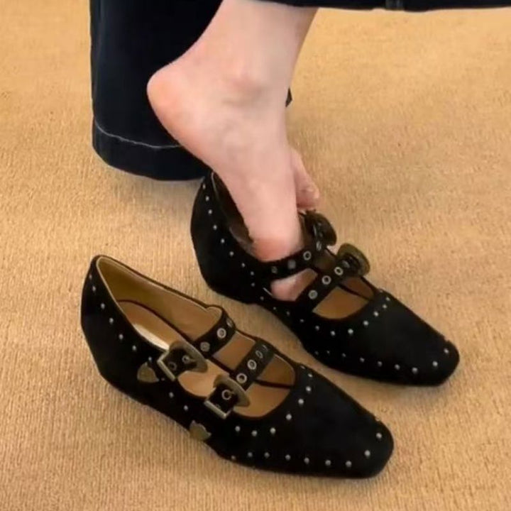Women Embellished Mary Jane Pumps with Studs and Double Straps Mune Fashion