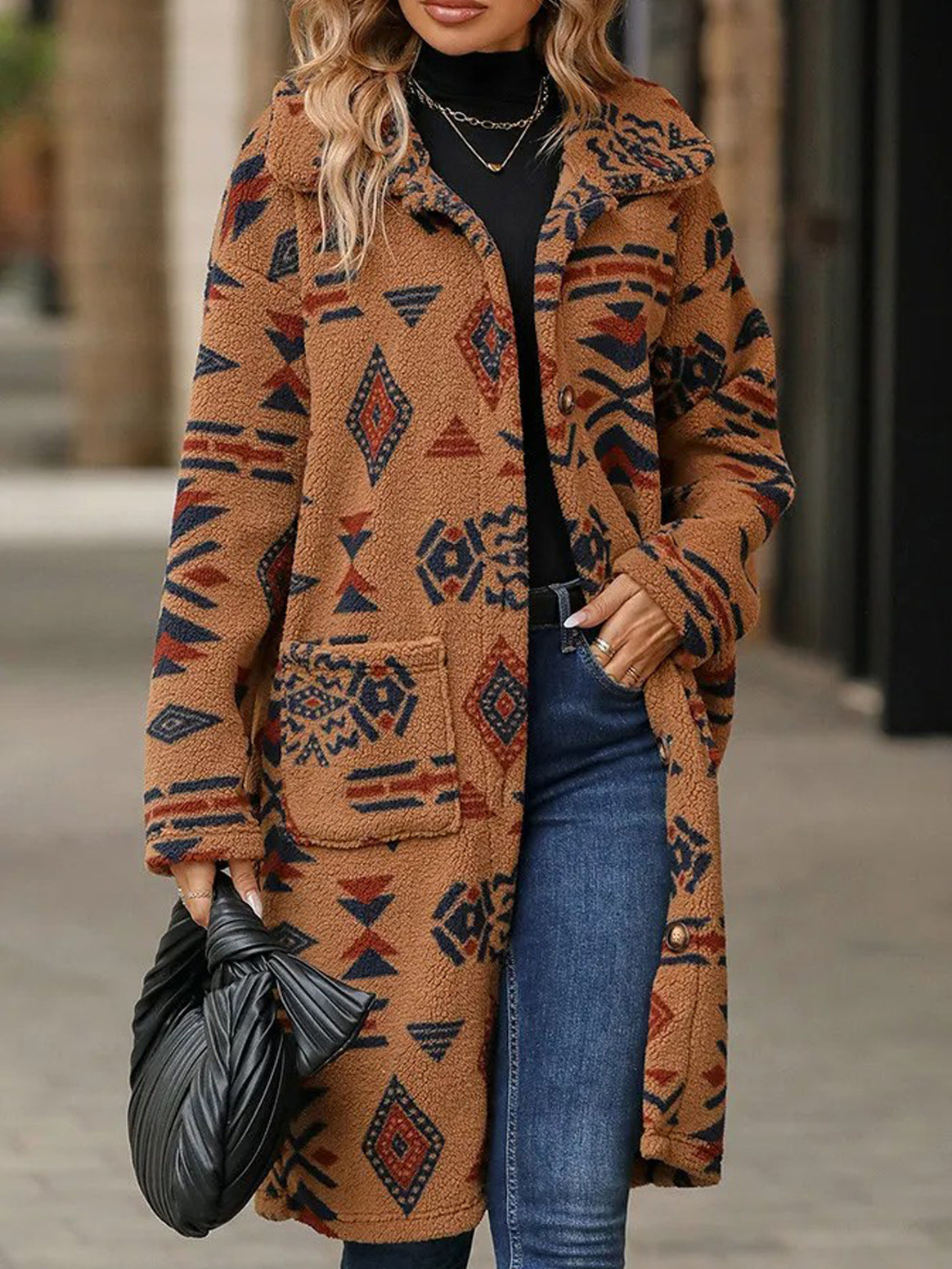 Women Teddy Coat with Aztec Pattern, Button Placket and Patch Pockets Mune Fashion