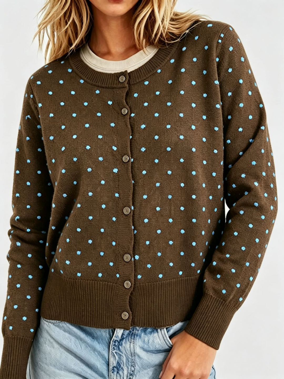 Women's Dotted Fine Knit Cardigan with Round Neck and Ribbed Cuffs Mune Fashion