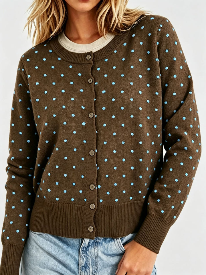 Women's Dotted Fine Knit Cardigan with Round Neck and Ribbed Cuffs Mune Fashion