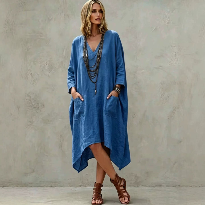 Women's Oversize Kaftan Dress with V-Neck, Side Pockets and Asymmetrical Hem Mune Fashion
