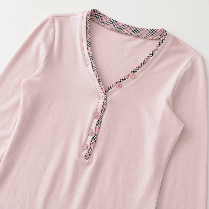 Women's long sleeve shirt with V-neck, button placket and check trim Mune Fashion