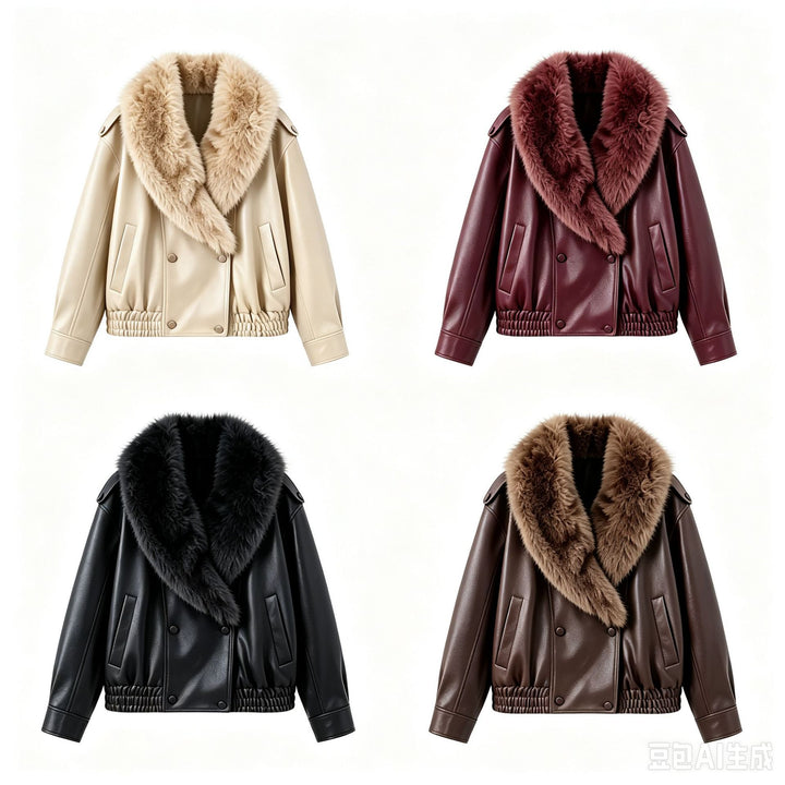 Women's short jacket made of leather look with large faux fur collar Drune