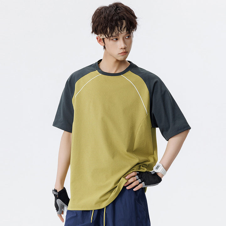 Men's Oversize Waffle Structure Raglan T-Shirt with Contrast Sleeves and Breathable Functional Jersey Mune Fashion
