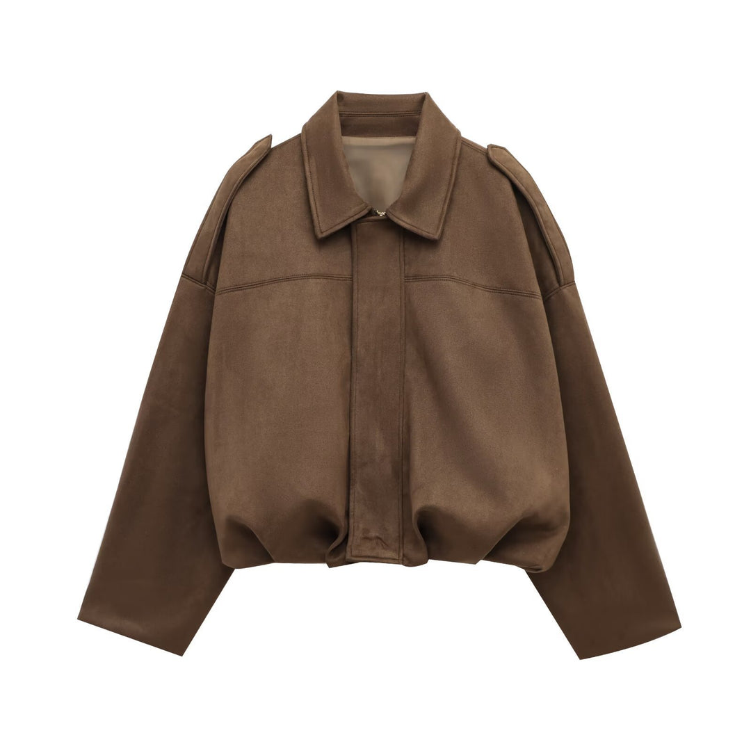 Women slightly oversized short jacket in suede look with lapel collar, shoulder flaps and elastic hem Mune Fashion