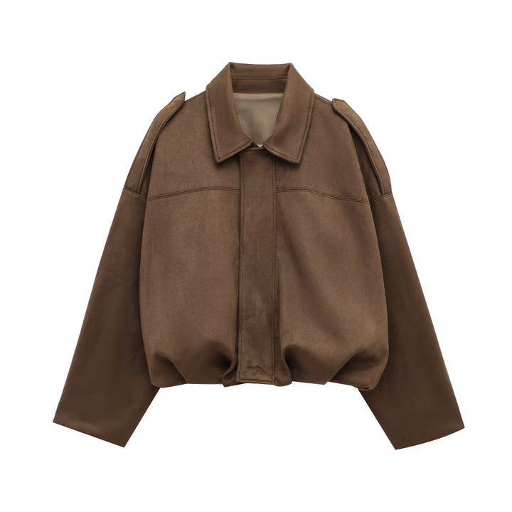 Women slightly oversized short jacket in suede look with lapel collar, shoulder flaps and elastic hem Mune Fashion