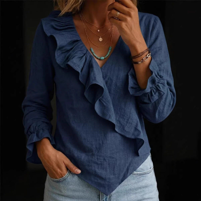 Women's Ruffle Blouse in Linen Look with Wrap Effect and Asymmetric Hem Mune Fashion
