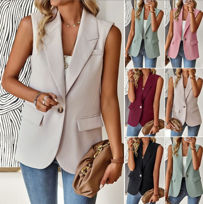 Women Sleeveless Longline Blazer Vest with Lapel Collar, Single Button and Patch Pockets Mune Fashion