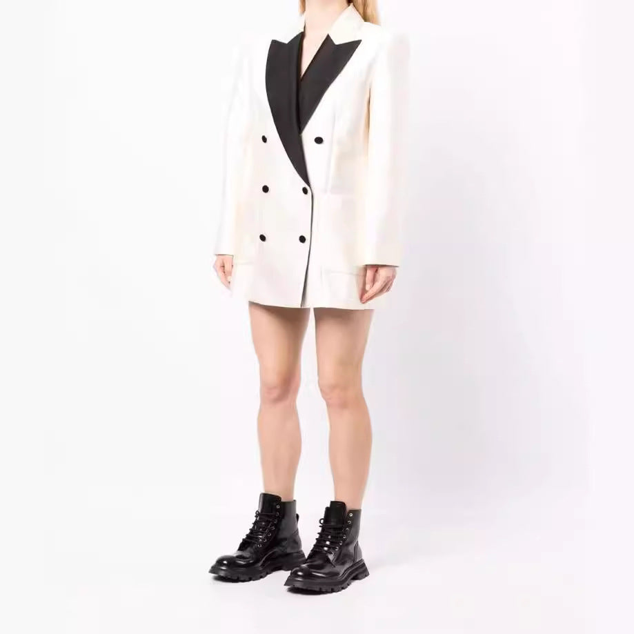 Women’s Short Blazer Dress in Tuxedo Style with Shawl Collar and Double-Breasted Mune Fashion