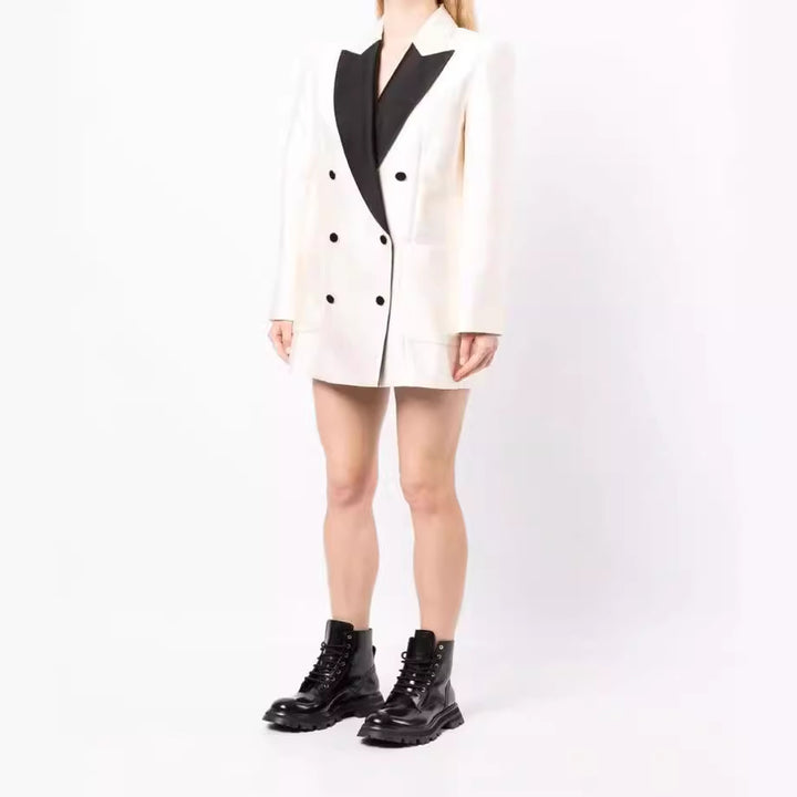 Women’s Short Blazer Dress in Tuxedo Style with Shawl Collar and Double-Breasted Mune Fashion