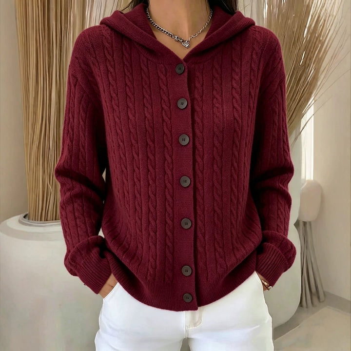 Women's Hooded Cardigan with Cable Pattern and Full Button Placket Mune Fashion