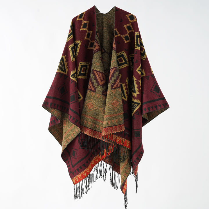 Women's jacquard wrap ruana in ethnic design with fringes and open fall Mune Fashion