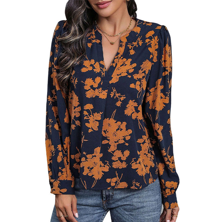 Ladies Casual Viscose Blouse with V-Neck, Floral Print and Balloon Sleeves Mune Fashion