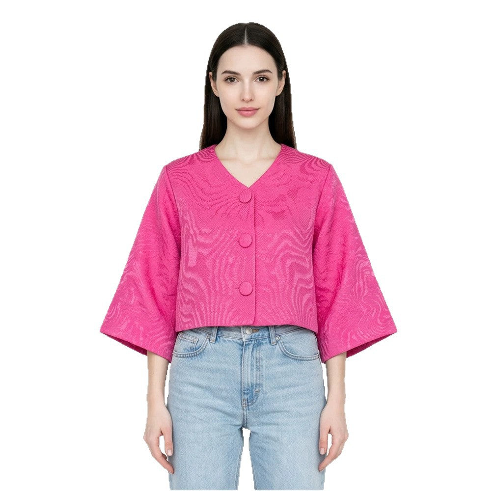 Women short-cut structured jacquard jacket with round neck & large fabric buttons Mune Fashion