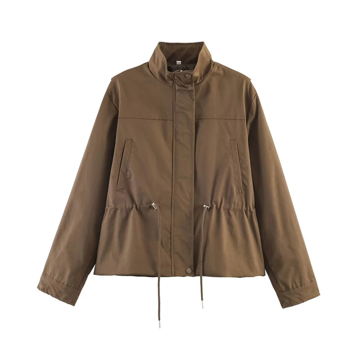 Women's tailored transitional jacket with stand-up collar, drawstring waistband and concealed front placket Mune Fashion