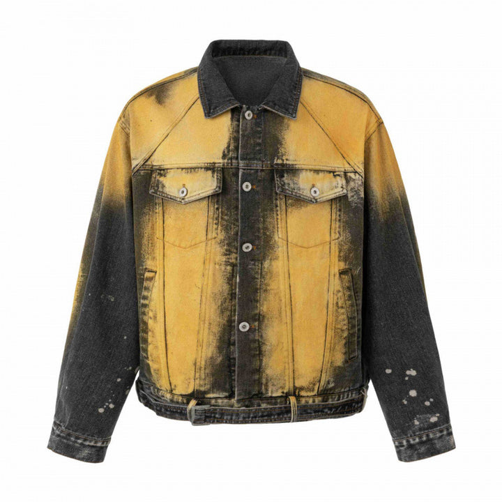 Men's Oversized Denim Blouson Jacket with Dip-Dye Effect, Paint Splatter and Adjustable Waist Belt Mune Fashion
