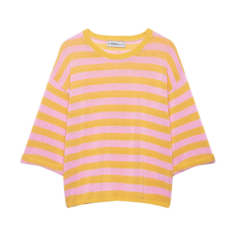 Women's Striped Oversized Knit Sweater with Wide Three-Quarter Sleeves and Round Neckline Mune Fashion