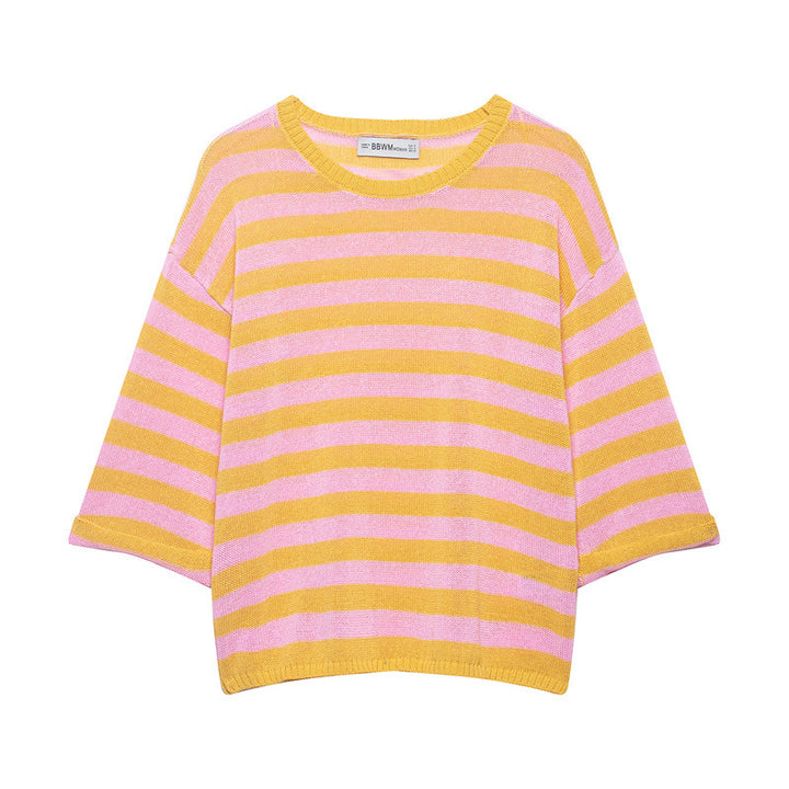 Women's Striped Oversized Knit Sweater with Wide Three-Quarter Sleeves and Round Neckline Mune Fashion
