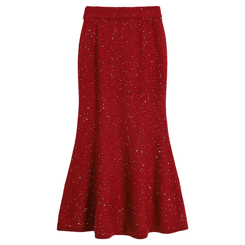 Women's figure-hugging knitted midi skirt with glitter fiber and trumpet hem, Mune Fashion