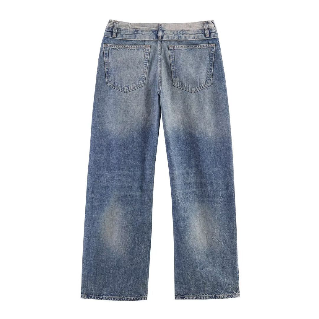 Ladies Wide-Cut Destroyed Jeans with Low Rise and Straight Leg Mune Fashion