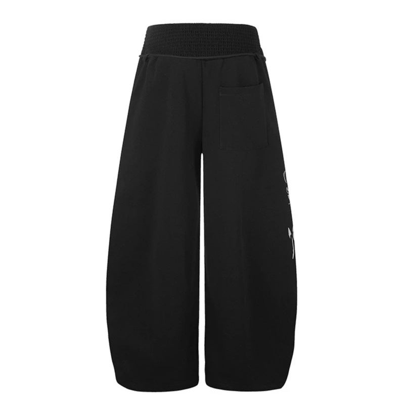 Women Extra Wide Balloon Palazzo Sweatpants with Ribbed Comfort Waistband, Drawstring and Typographic Gothic Print Mune Fashion