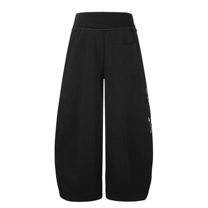 Women Extra Wide Balloon Palazzo Sweatpants with Ribbed Comfort Waistband, Drawstring and Typographic Gothic Print Mune Fashion