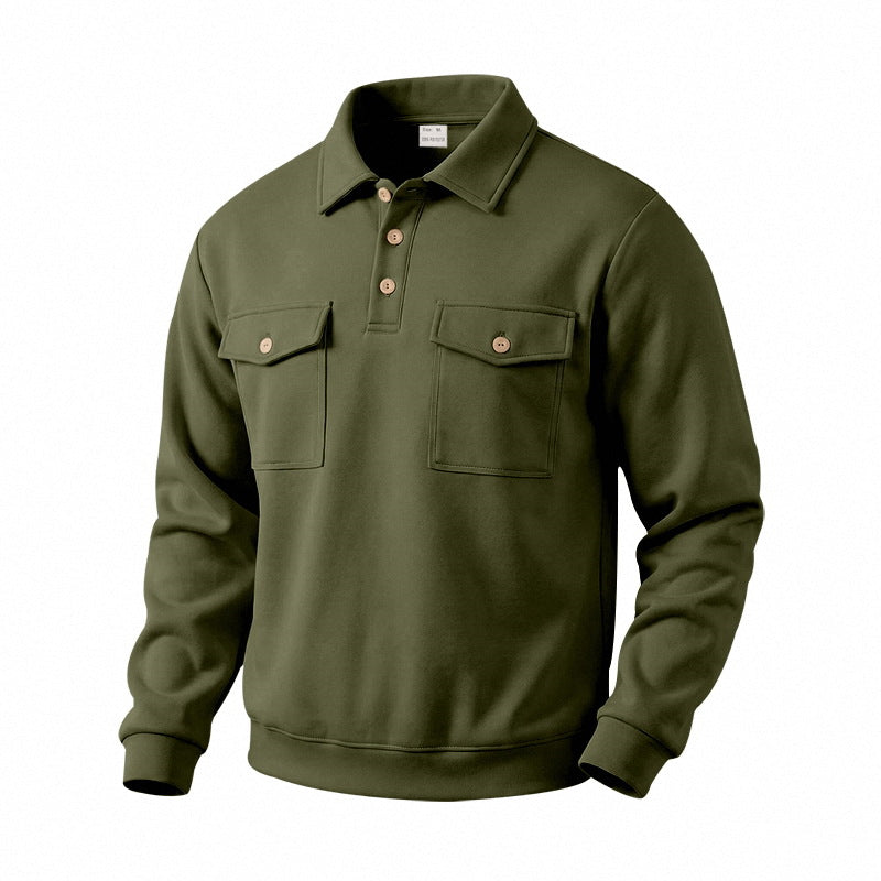 Men's Long Sleeve Polo Shirt with Button Placket and Patch Pockets Mune Fashion