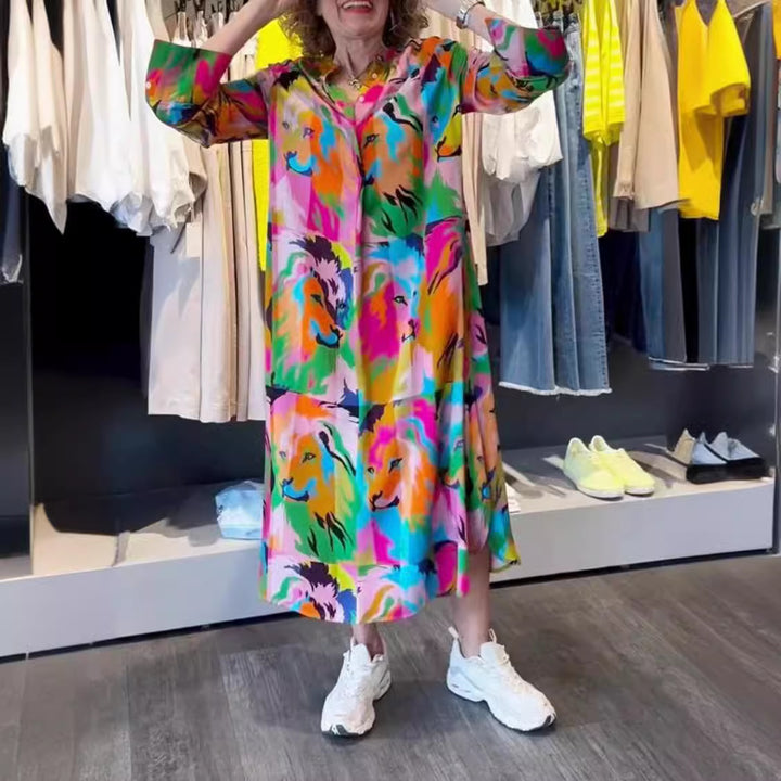 Women's shirt dress maxi dress with pop art lion print, button placket and side pockets Mune Fashion