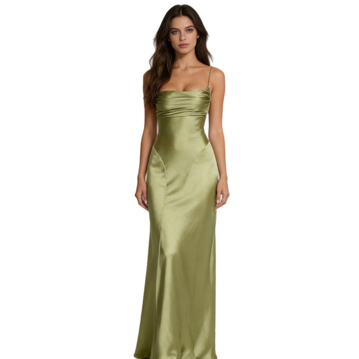 Ladies Elegant Satin Evening Dress with Fitted Cut and Slim Straps Mune Fashion