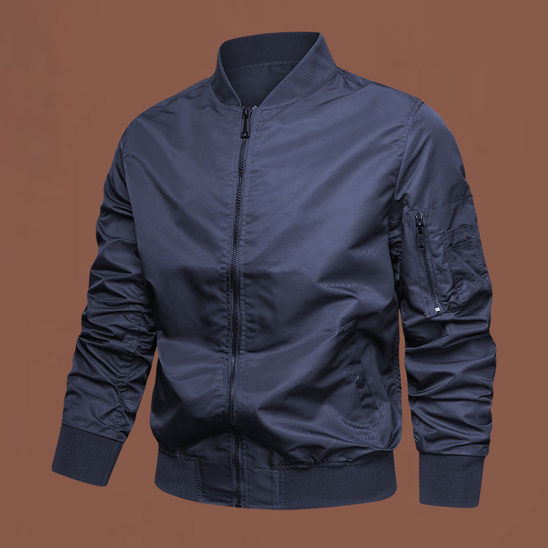 Men's lightweight nylon bomber jacket with sleeve zipper pocket and elastic cuffs