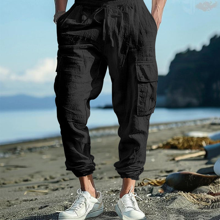 Men's Casual Linen Cargo Joggers with Drawstring Waist, Large Flap Pockets and Elastic Ankle Cuffs Mune Fashion