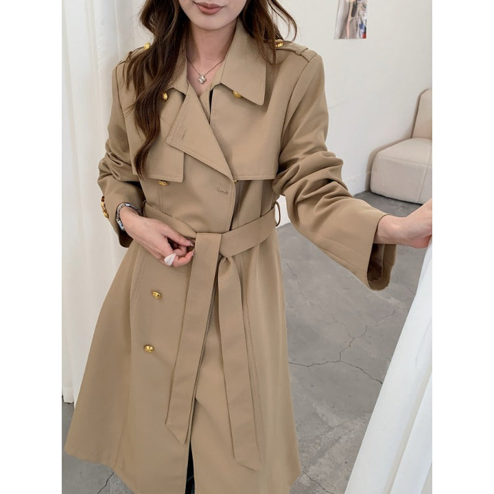 Women's Tailored Trench Coat with Tie Belt and Golden Button Details Mune Fashion