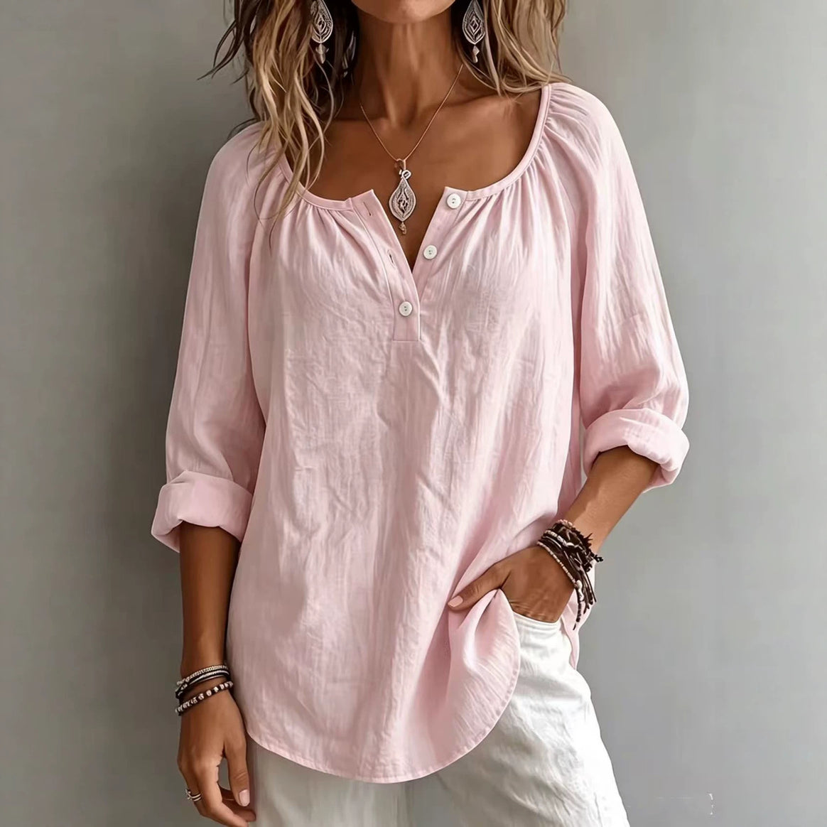 Women's Loose Fitting Linen Look Tunic with U-Neck and Short Button Placket Mune Fashion