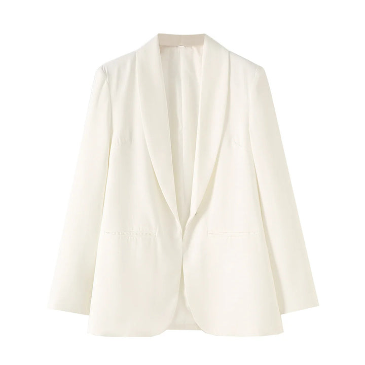 Ladies long blazer with shawl collar, unstructured fall and piped welt pockets Mune Fashion