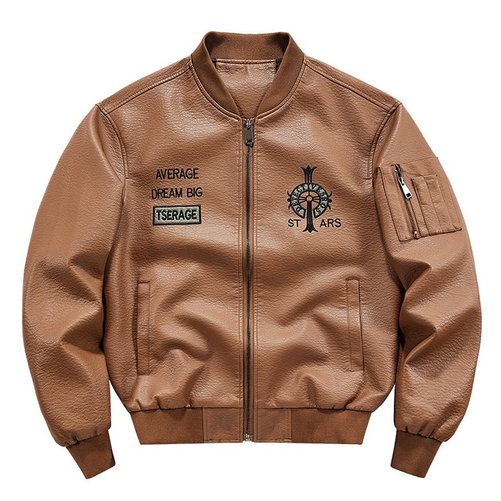 Men's Fashion Faux Leather Bomber Jacket with Pockets Mune Fashion