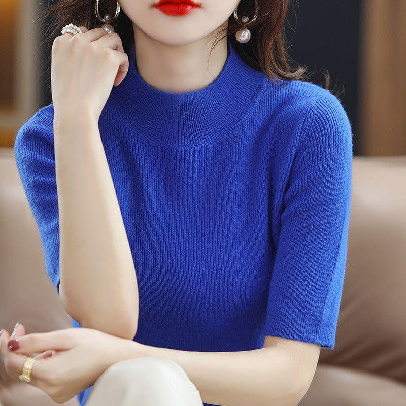 Women's Short Sleeve Fine Knit Sweater with Stand-Up Collar and Tailored Fit Mune Fashion
