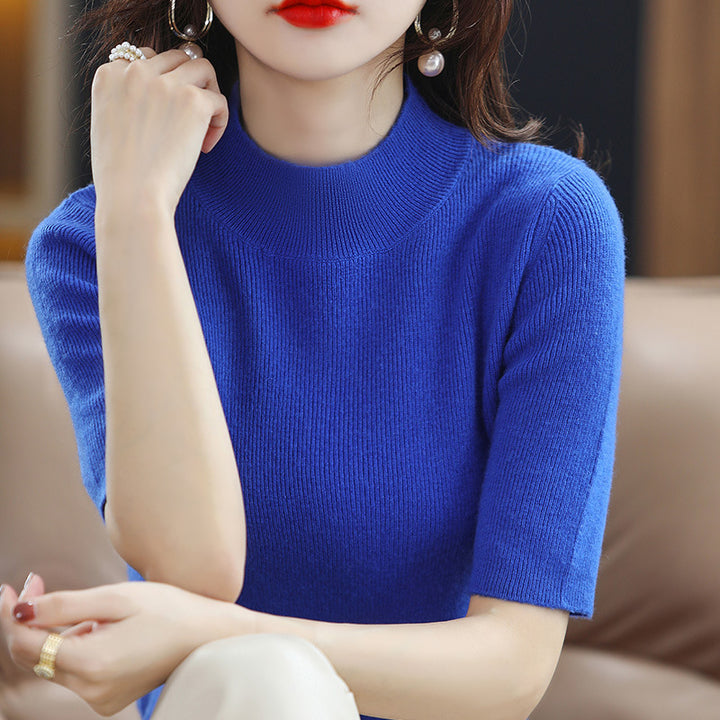 Women's Short Sleeve Fine Knit Sweater with Stand-Up Collar and Tailored Fit Mune Fashion