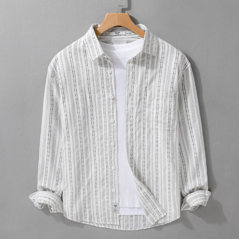 Men's Lightweight Linen-Cotton Shirt in Striped Relief with Kent Collar and Chest Pocket Mune Fashion