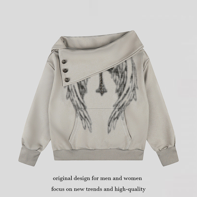 Women Asymmetric Sweatshirt with Wide Collar, Decorative Button Placket and Bead Application Mune Fashion