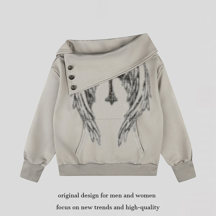 Women Asymmetric Sweatshirt with Wide Collar, Decorative Button Placket and Bead Application Mune Fashion