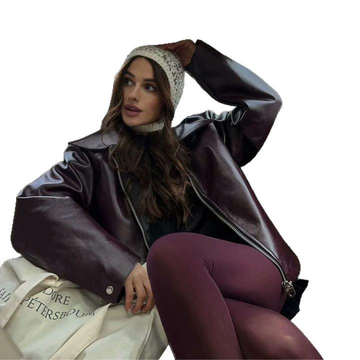 Women nan tailored faux leather jacket with full zipper and elastic hem Mune Fashion