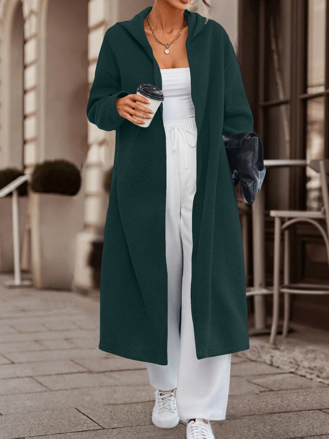 Women Long Oversized Hooded Coat with Open Front and Soft Fleece Lining