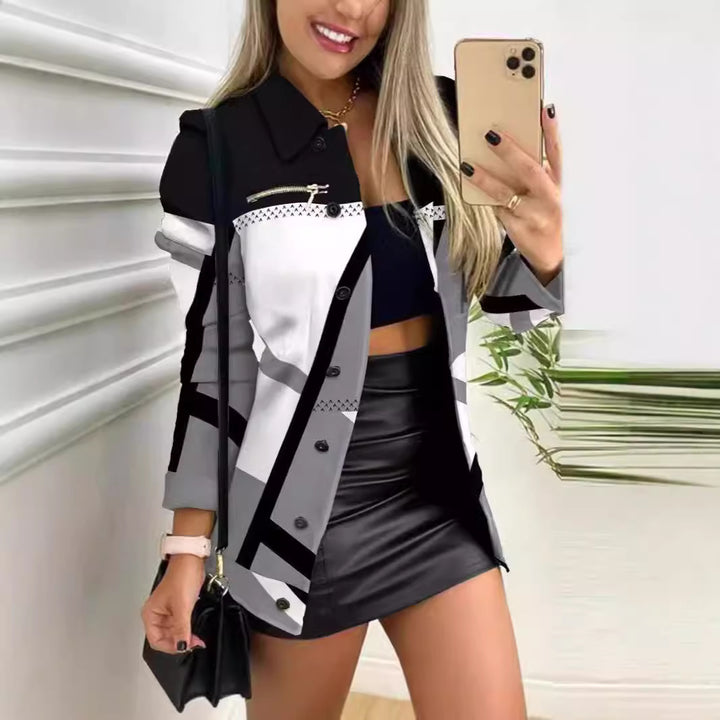 Ladies patterned blazer with geometric print, zip pocket and full button placket Mune Fashion