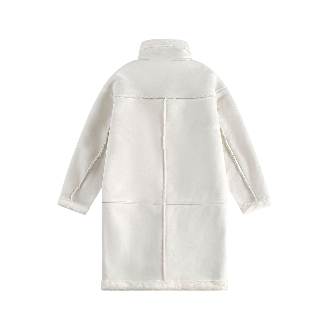 Women Long Oversize Sheepskin Imitation Coat with Stand-up Collar and Buckle Closure Mune Fashion