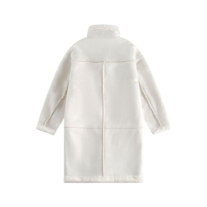 Women Long Oversize Sheepskin Imitation Coat with Stand-up Collar and Buckle Closure Mune Fashion