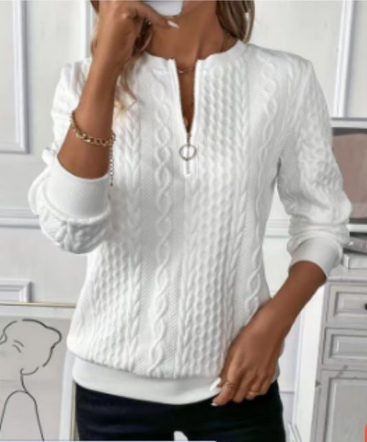 Women Structured Cable Knit Sweatshirt with Half Zip and Ribbed Cuffs Mune Fashion
