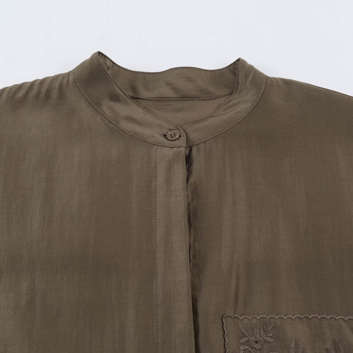 Women Oversized Silk Effect Shirt Blouse with Stand Collar and Embroidered Chest Pocket Mune Fashion